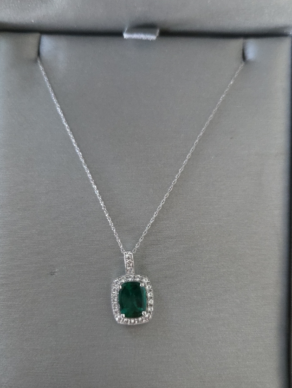 Zales Silver Emerald Green Cushion Halo Pendant Necklace